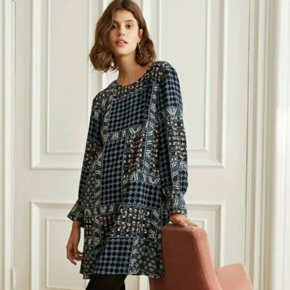 Ann Taylor 10P LOFT Dress Mixed Print Long Sleeve Black Petite Blue Floral MP